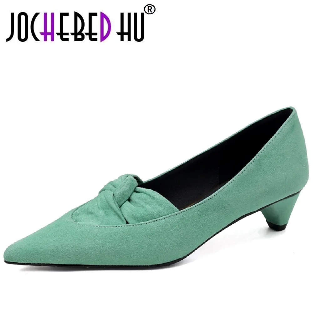 

【JOCHEBED HU】Women Handmade Genuine Leather Soft and comfortable Pointed Toe Heel Shoes Shallow Slip-on Daily Shoes 33-40