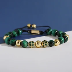 Luxury Green CZ Zircon Ball Weaving Bracelet for Women Men Natural Crystal Tiger Eye Yoga Bracelets Adjustable Wrist Jewelry