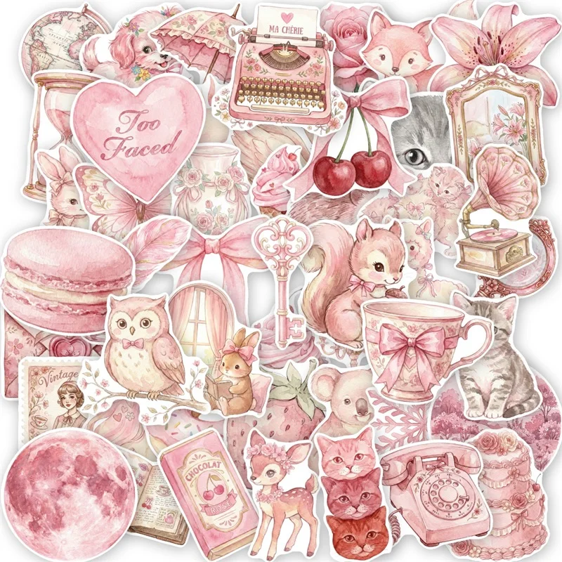 10/30/50PCS Retro Watercolor Pink Sticky PVC Sticker Colored DIY Laptop Luggage Skateboard Decoration Scrapbooking