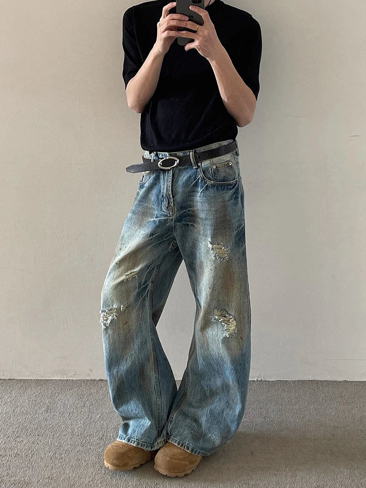 

Американские винтажные рваные джинсы Dir, окрашенные мужские летние модные свободные утягивающие длинные брюки Cleanfit, прямые джинсы-трубы