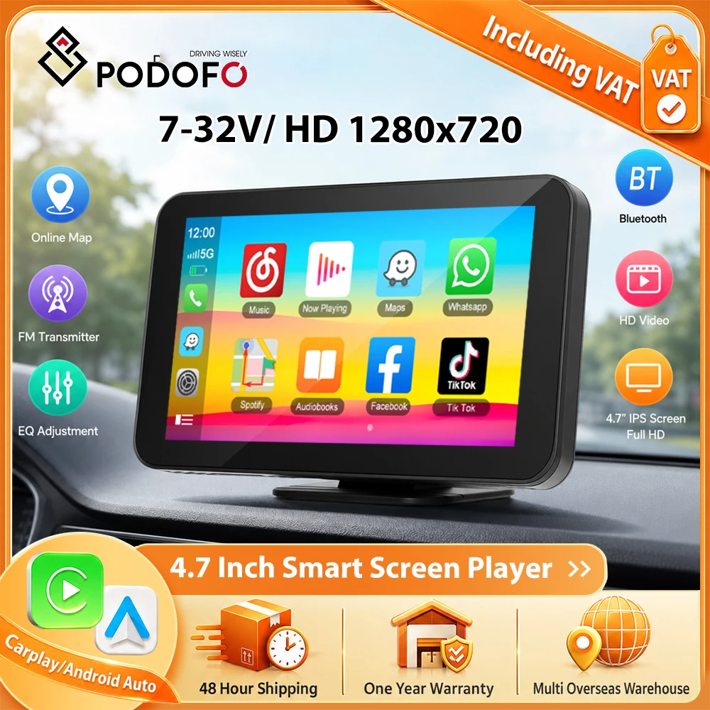 Monitor samochodowy Podofo 4.7'' z funkcją Carplay, Android Auto, GPS, BT, odtwarzacz multimedialny wideo, Android Cast, Airplay, AUX, FM, EQ, inteligentny ekran z funkcją odtwarzania muzyki i rozmów