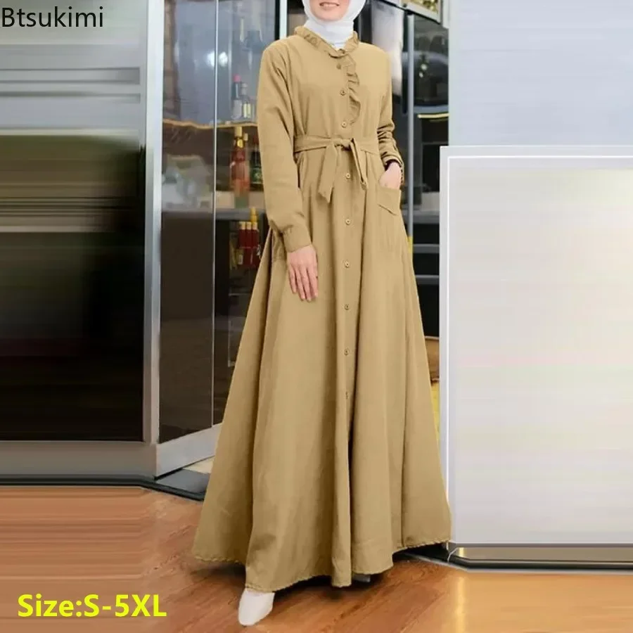 

2025 Fashion Arab Style Lace-up Maxi Dress for Women Muslim Abaya Vintage Plain Long Dresses Hijab Islamic Robe Elegante Femme