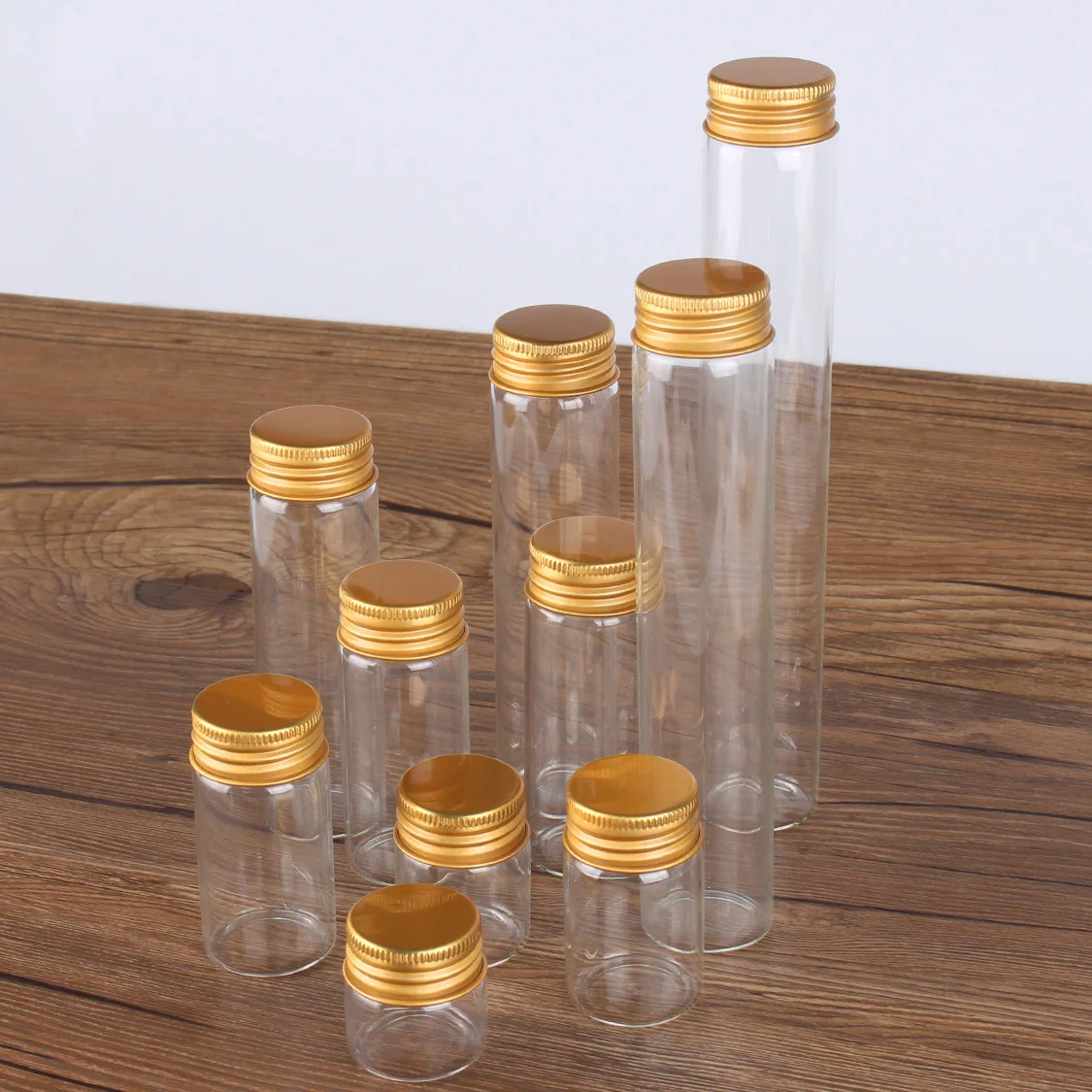 12pcs 10ml 15ml 20ml 25ml 30ml 40ml 50ml 60ml 80ml 100ml Glass Empty Bottles With Golden Aluminum Caps Spice Glass Jars Vails