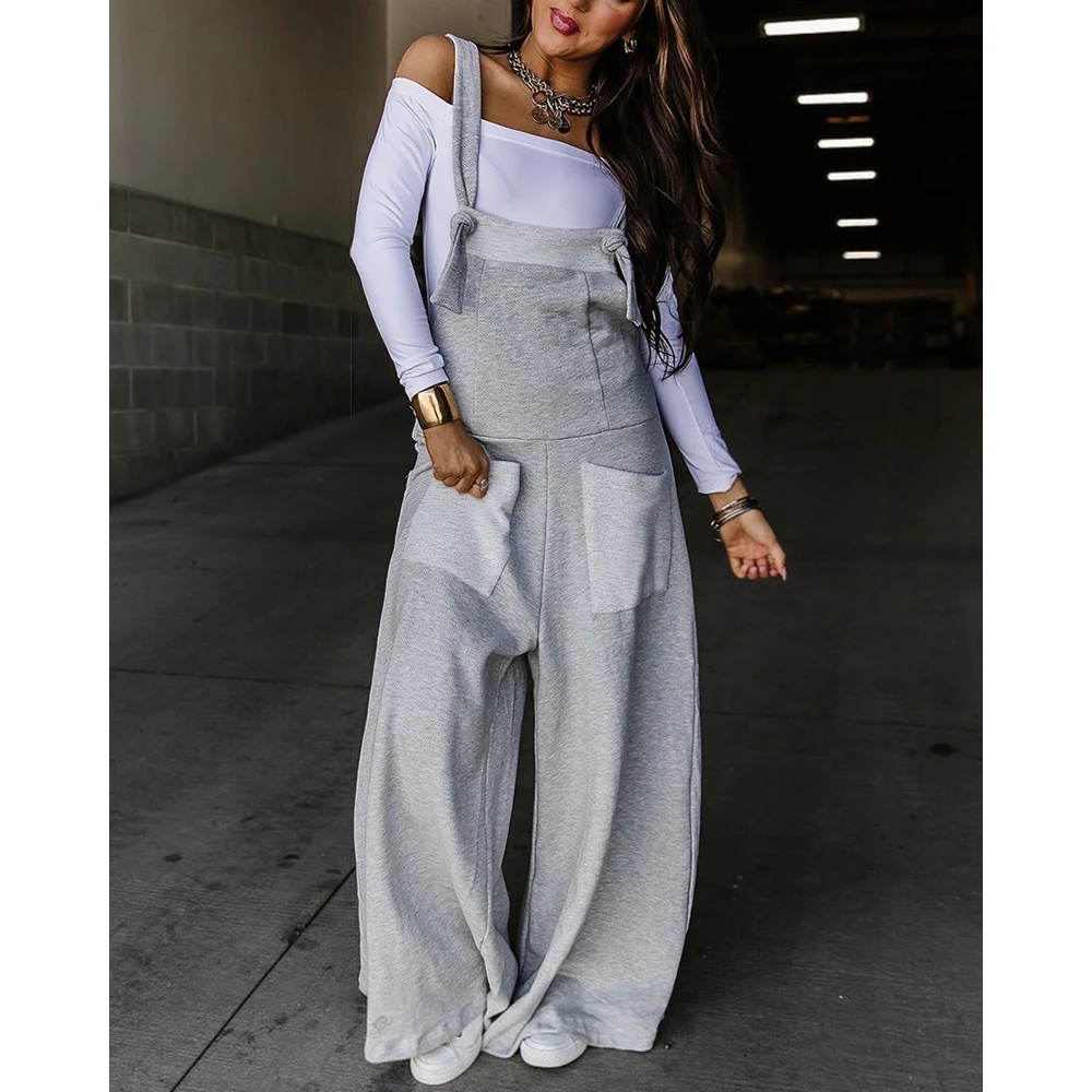 2023 Women Pocket Front Wide Leg Overalls Normcore Suspender Loose Jumpsuts Robe Femme Minimalist Cross Pants Casual Clothing