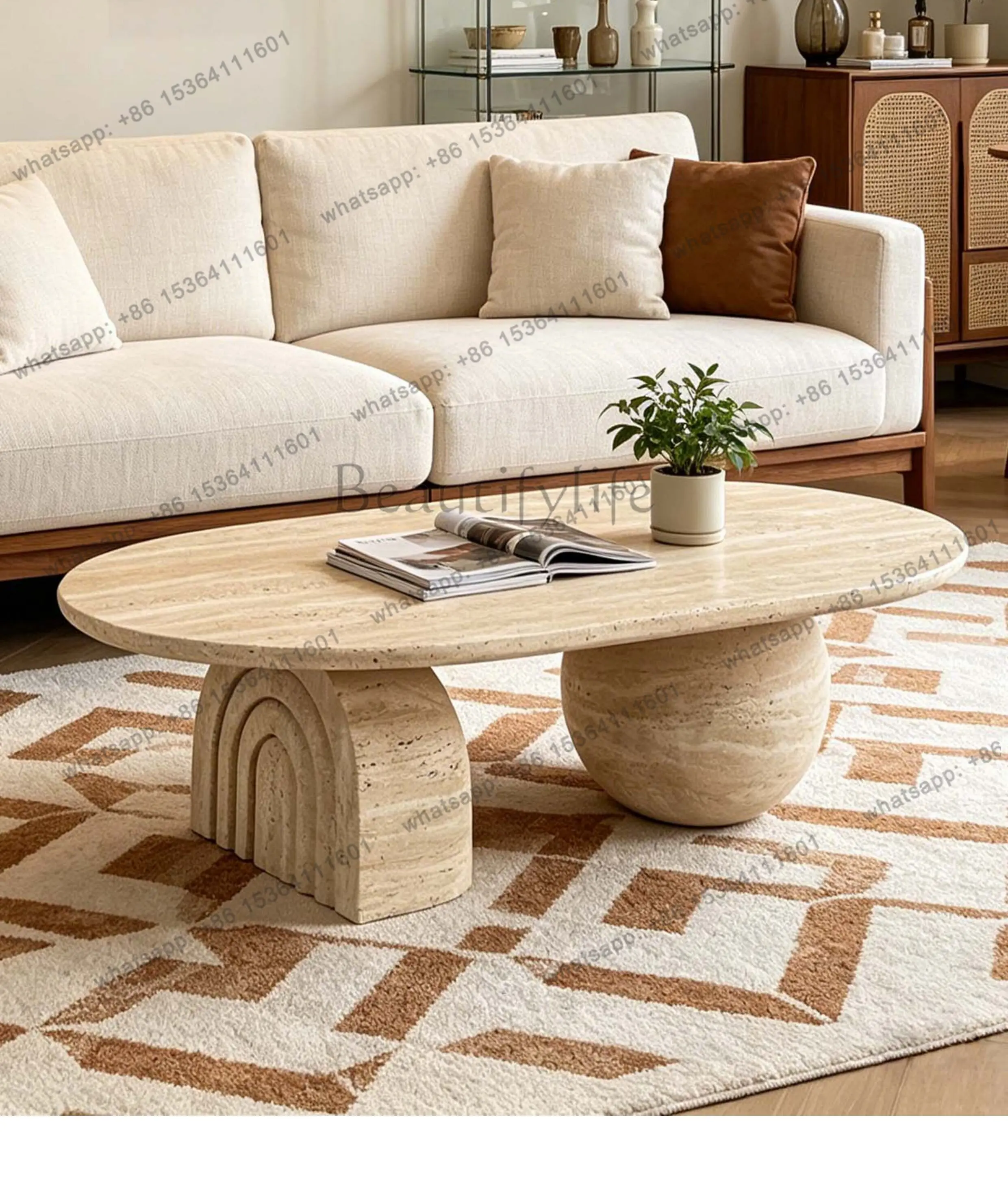 YJ Wabi Sand Wind Natural Roman Travertine Coffee Table Designer Light Luxury Living Room Creative Marble Coffee Table