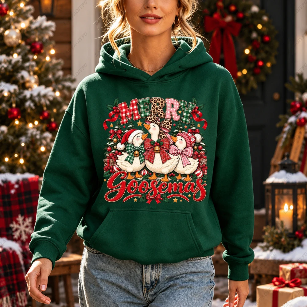 Merry Goosemas Three Geese Plaid Leopard Bow Bell Print Women Hoodie Xmas Holiday Funny Goose Novelty Vintage Hoodie