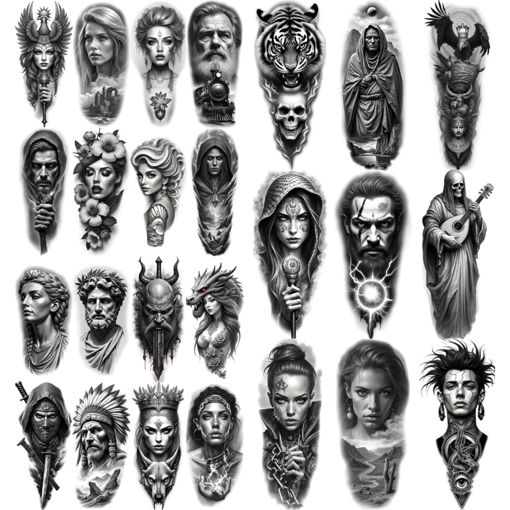 12 pièces tatouage temporaire philosophe buste tatouages temporaires réalistes ancien magicien guerrier médiéval noir et gris réalisme pour