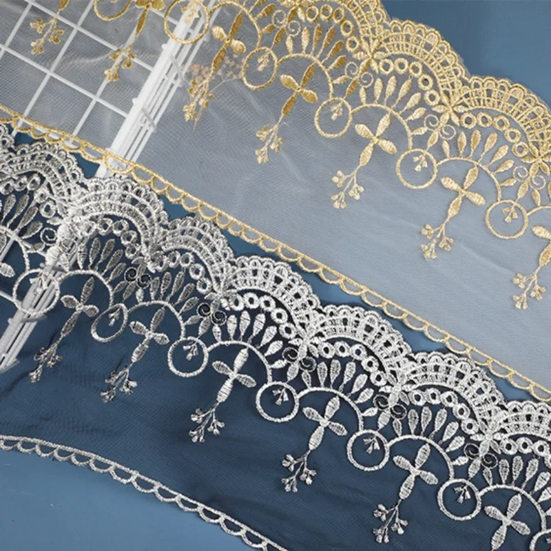 우아한 블랙 화이트 메쉬 레이스 원단, 자수 리본 트림 원피스, Guipure 레이스 스카프 의류, DIY 바느질 장식, 골드 실버
