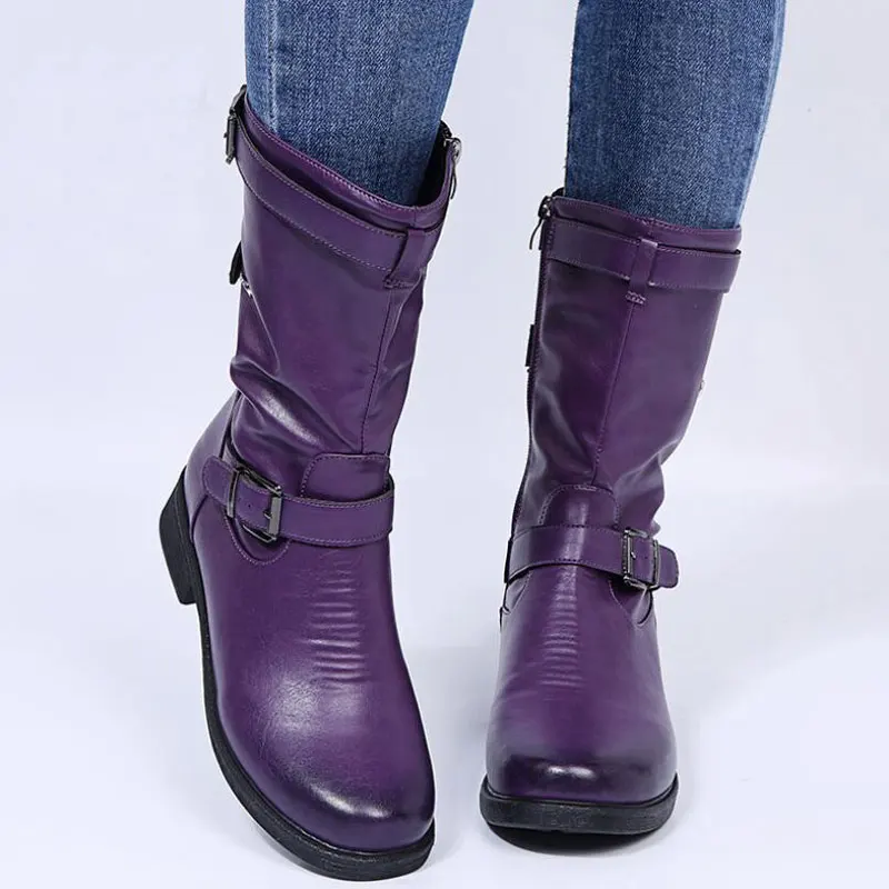 Kobiety Chunky Boots skórzane buty ze skórki cielęcej rozmiar 43 klamra kobieta kwadratowy obcas Zipper półbuty czerwone czarne szare zimowe płaskie