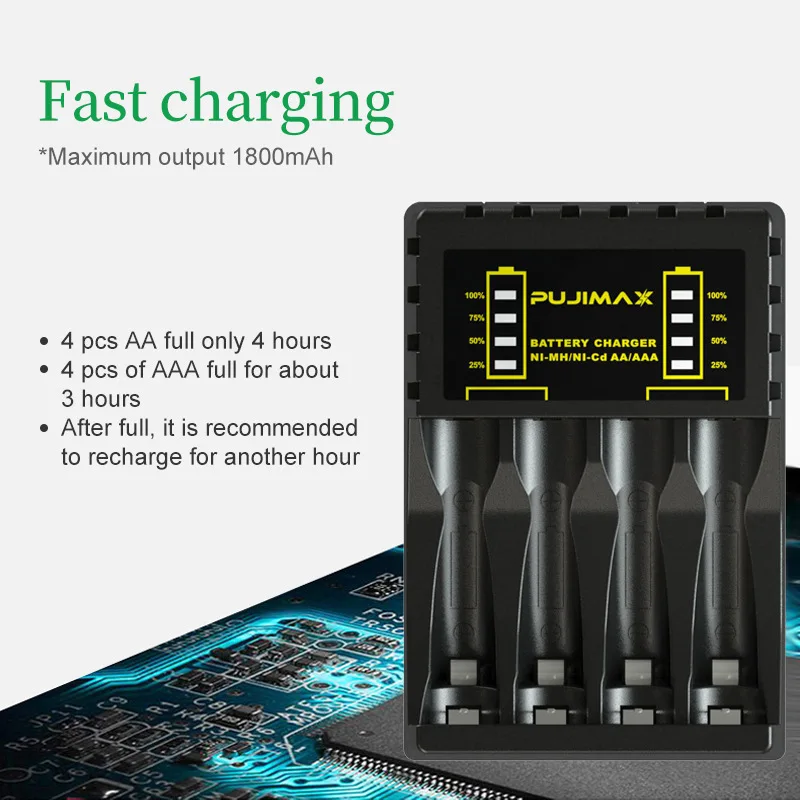 4 Slot Battery Charger LED Light Power Display Battery Charger for 1.2V NiMH AA/AAA Battery Charger Micro USB/Type-C Jack Input