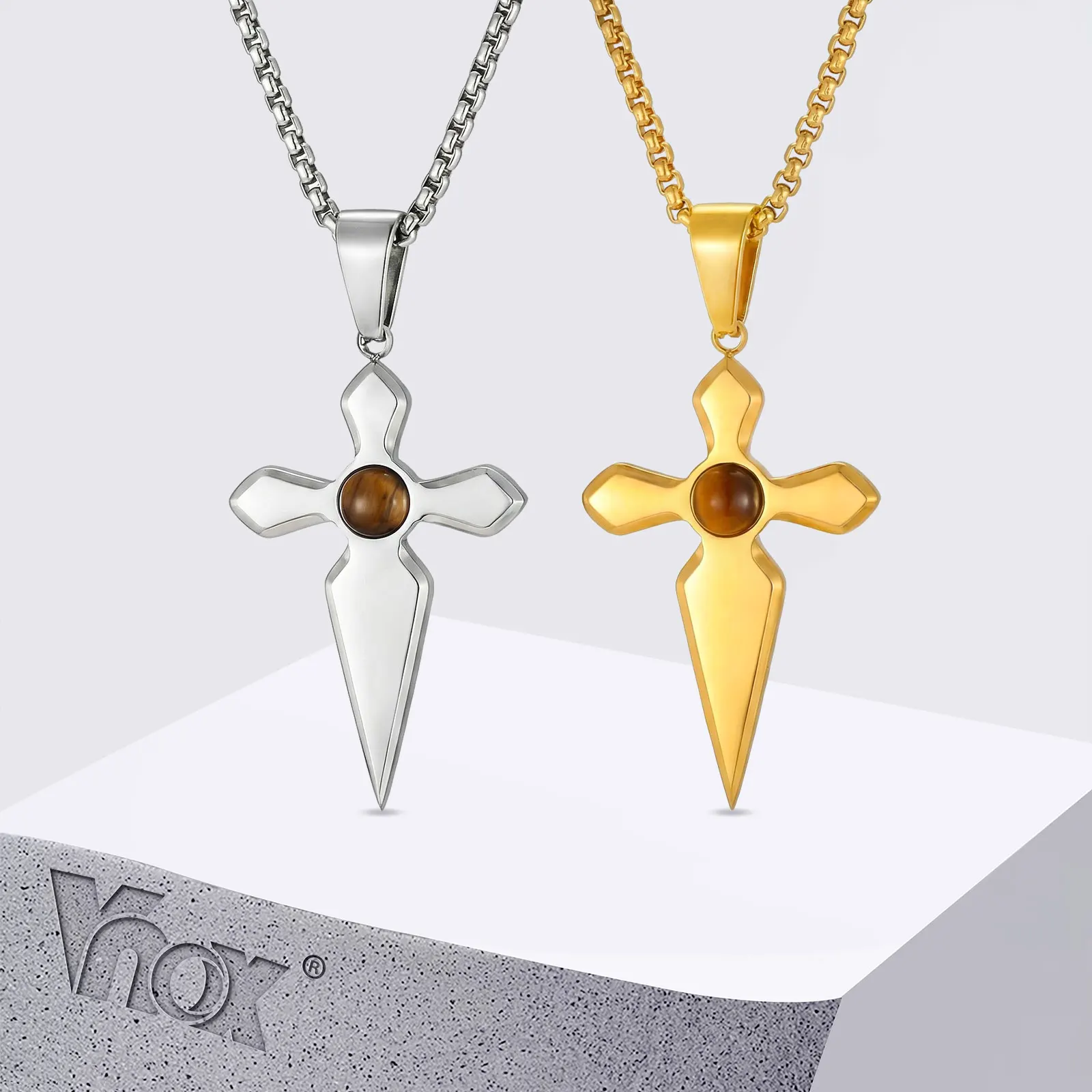

Vnox Tiger's Eye Cross Pendant Necklace for Men Boys, Gold Silver Color Stainless Steel Box Chain, Waterproof Jewelry Necklaces