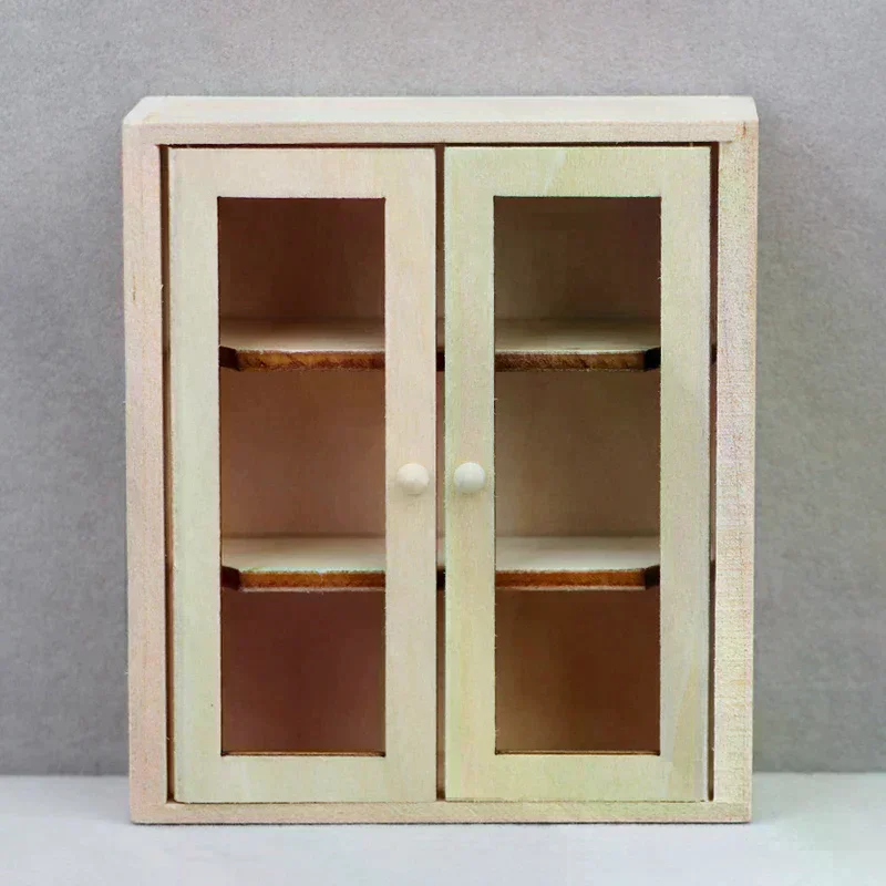 1:12 Dollhouse Miniature Double Door Cabinet Bookcase Storage Rack Mini Wooden Wall Mounted Display Shelf Furniture Model Toys