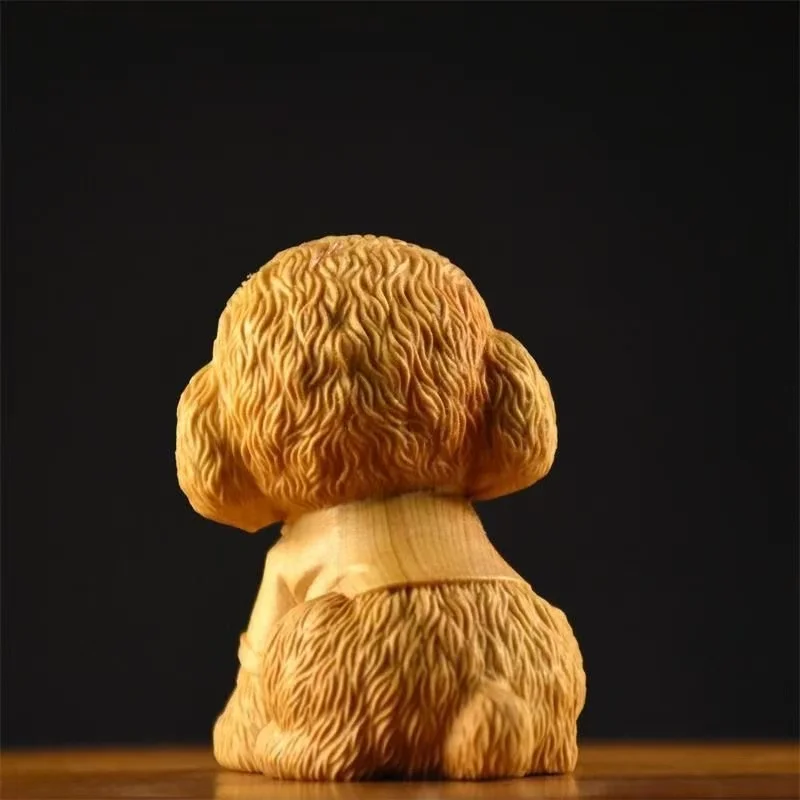 Wooden Poodle Dog Figurine,  Solid Wood Teddy Statue, Mini Animal Decor, Small Puppy Sculpture Desk Ornament for Home Office
