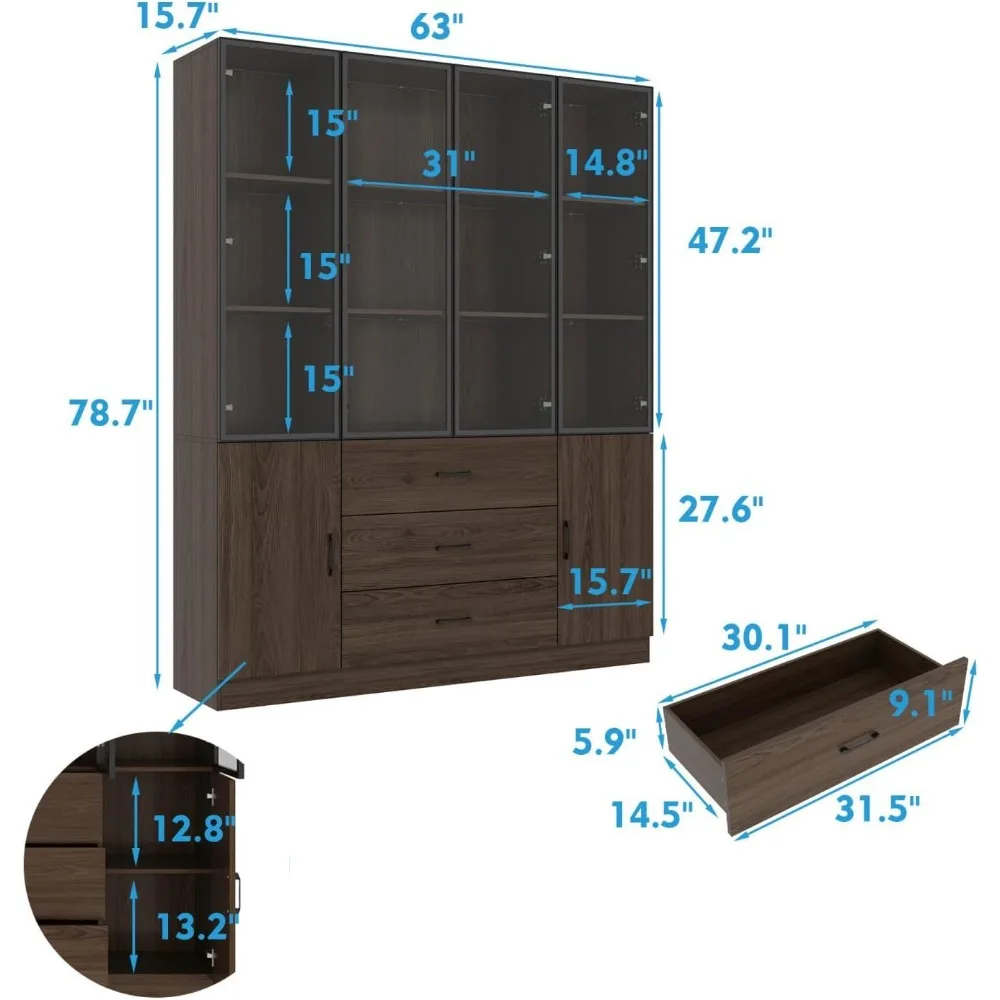 63”W X 15.7”D X 78.7”H Display Cabinet with Glass Doors and Lights, 3 Drawers & Multi-size Storage Shelves, Glass Cabinet