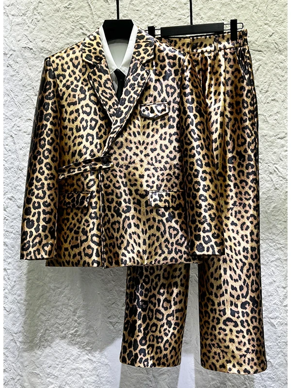 

Мужской костюм в стиле ретро с леопардовым принтом: модный, роскошный, из шелкового атласа, свободный пиджак в городском стиле, повседневный, весна-осень