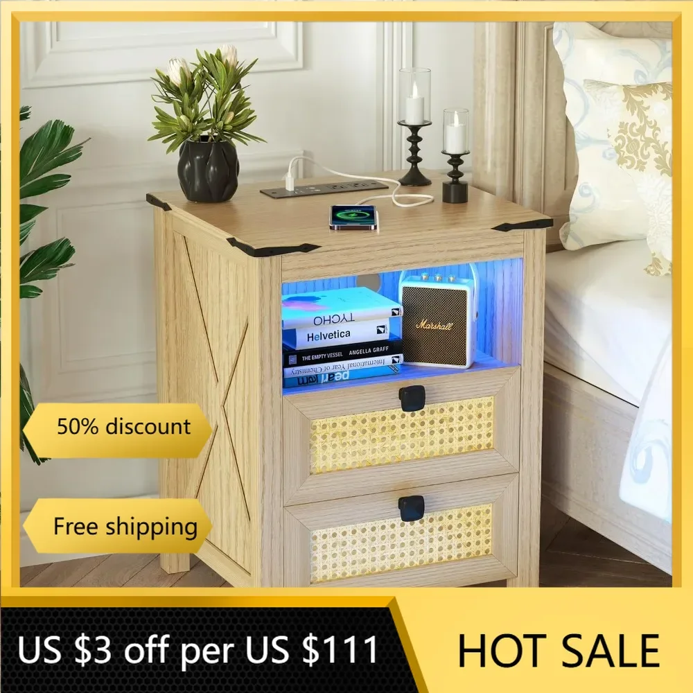 Bedroom Nightstand with Charging Station, LED Night Stand with Rattan Drawers, Modern Side End Table with Human Sensor Light