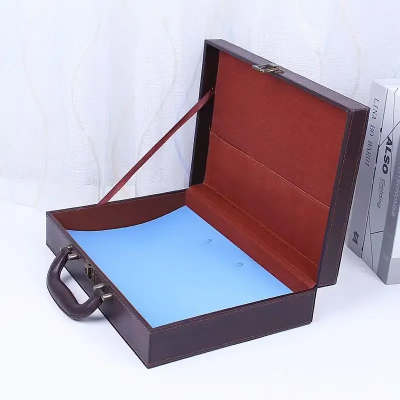 2024 New Business Leather Portable Briefcase Script Box Policy Contract Document Storage Box