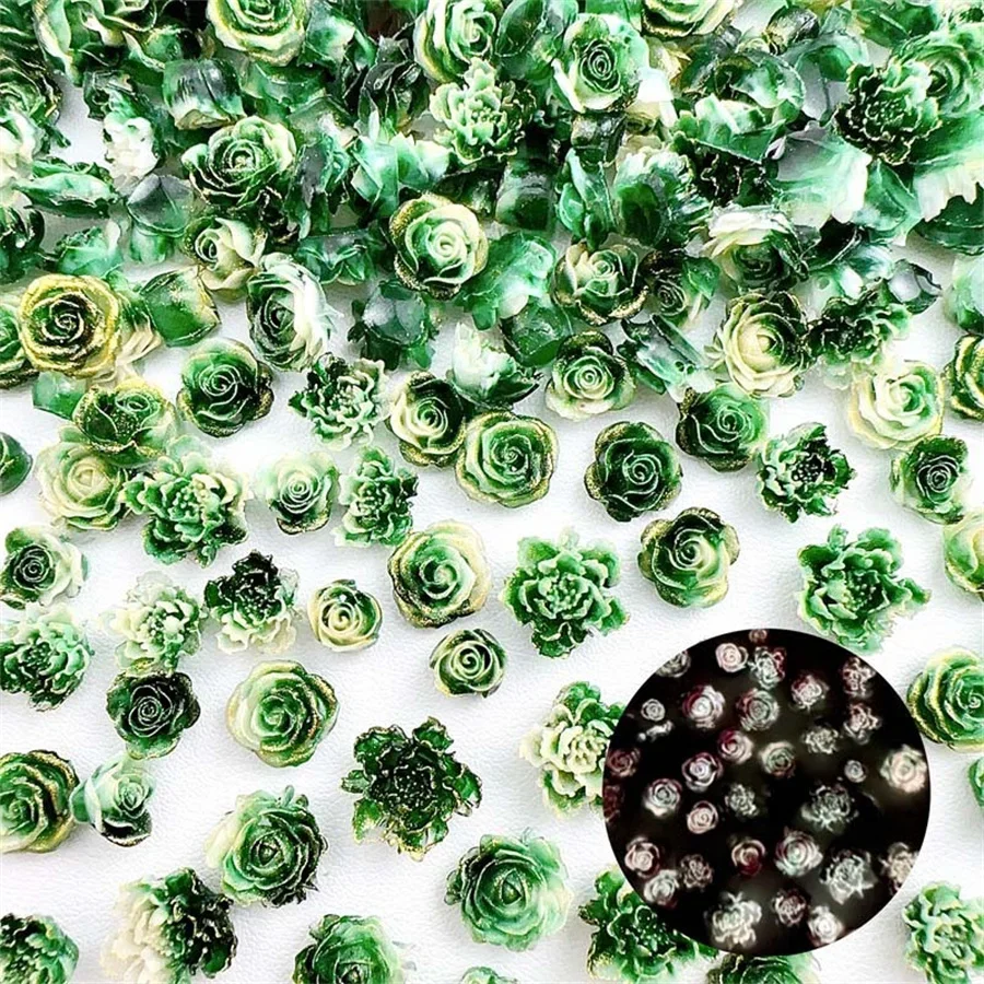 20pcs Kawaii Green Flower Resin Nail Art Charms Cartoon Mixed Camellia Bud Rose Nail Rhinestone Decorations Jewelry Accessories