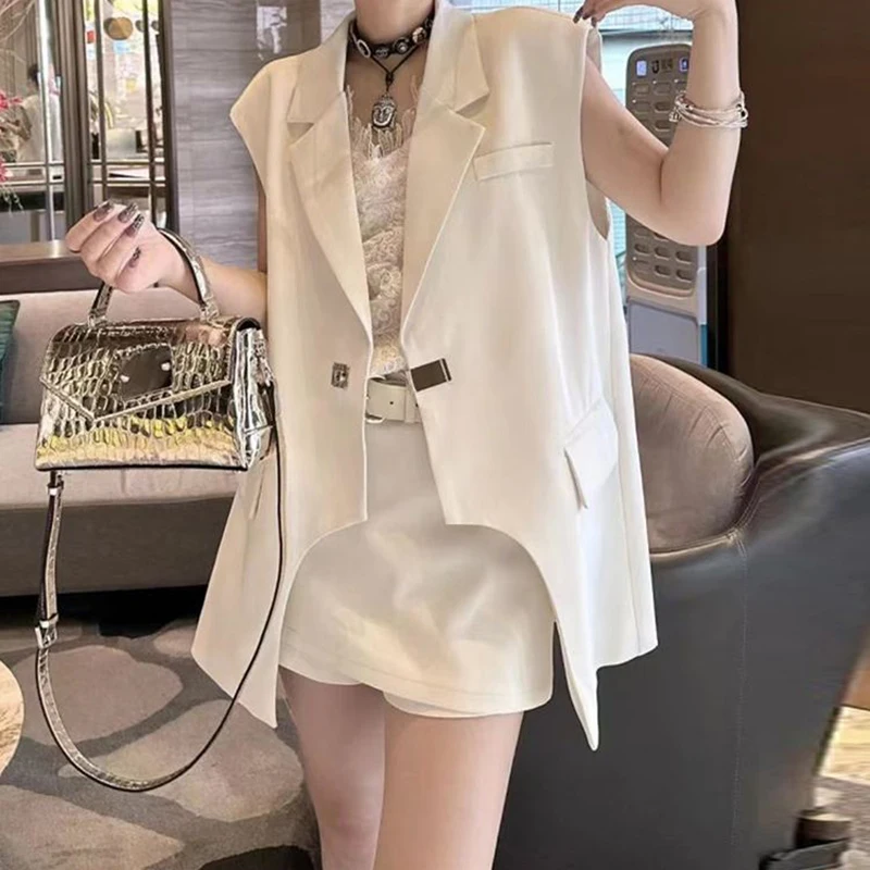 Irregular suit vest suit female summer European fashion sleeveless suit jacket shorts thin coat pants two pieces.