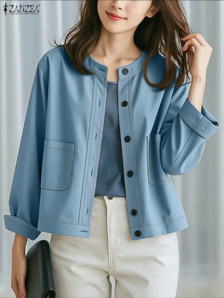 

ZANZEA Women Long Sleeve Jackets Autumn Lightweight Denim-Like O-Neck Button Up Contrast-Stitch Outerwear Woman Clothes S-3XL