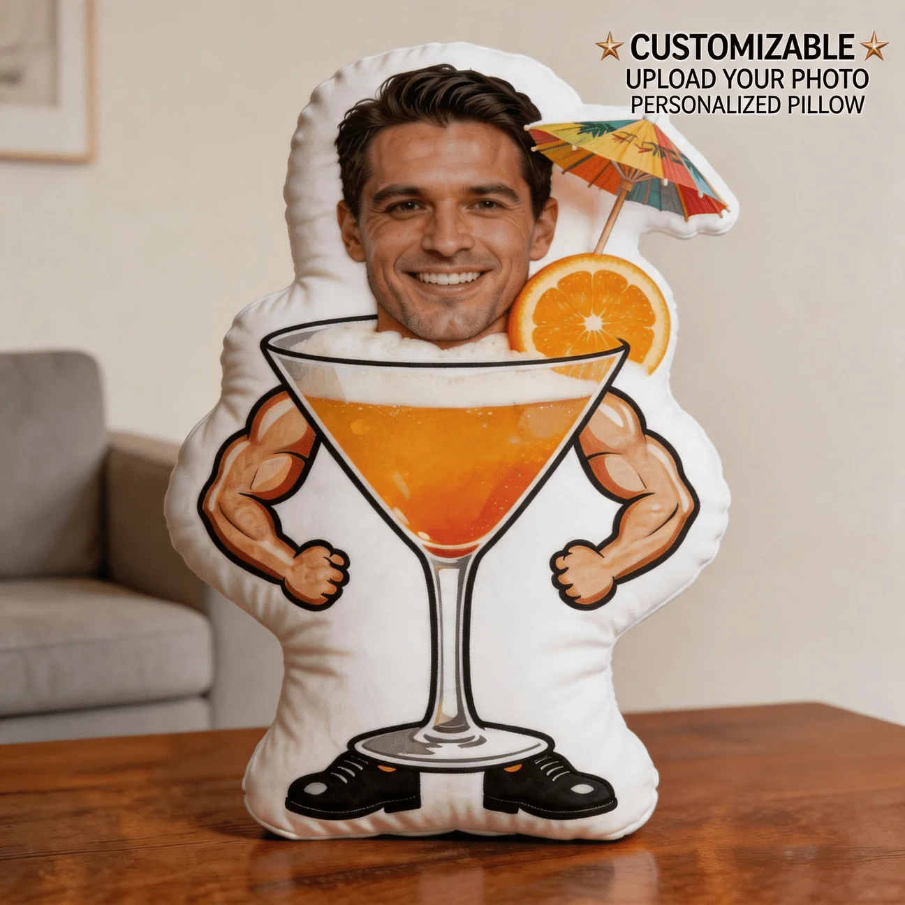 Personalized Photo Martini Glass Shaped Pillow - Large 60cm Custom Face Cushion with Double-Sided Printing Suitable for Sofa &,