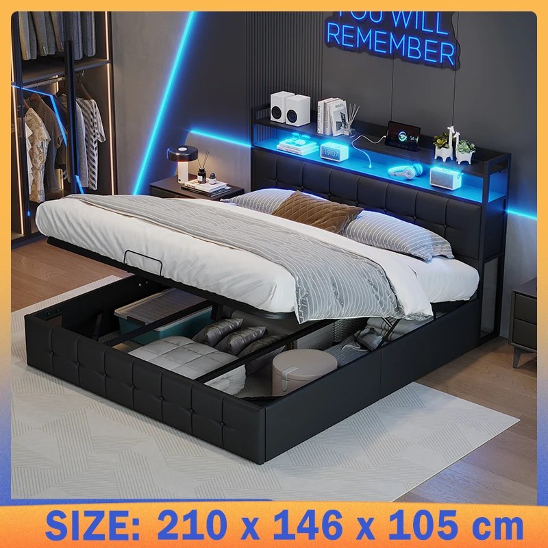 Creahappy – 140 x 190 cm großes gepolstertes Doppelbett mit Stauraum und LED-Beleuchtung, mit Lattenrost und USB-Ladeanschlüssen