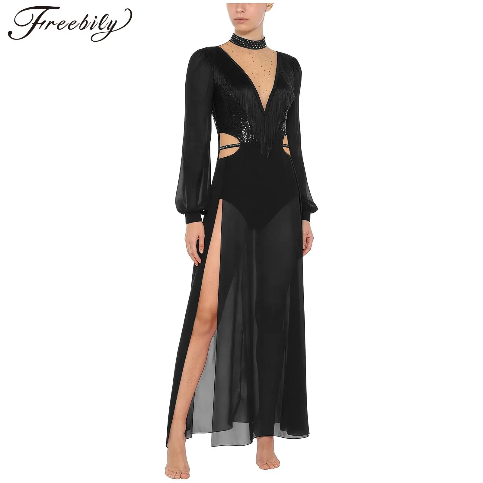 

Женское современное лирическое платье для латинского танца, румбы, танго, бального трико, платье с длинными рукавами и блестками, стразами, прозрачная сетчатая танцевальная одежда с кисточками