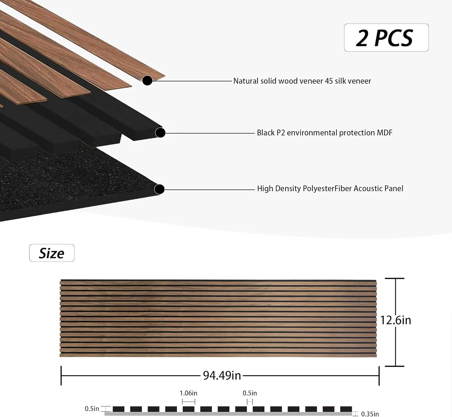 Wood Slat Wall Panel, 94.49 x 12.6 Inch Acoustic Wood Wall Panels for Wall and Ceilings, 2 Pack, Walnut