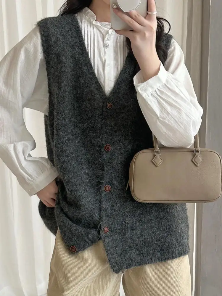 

Корейский модный женский праздничный кардиган без рукавов, топы на бретелях, осень-зима 2025, новый однобортный вязаный жилет с v-образным вырезом, свитера