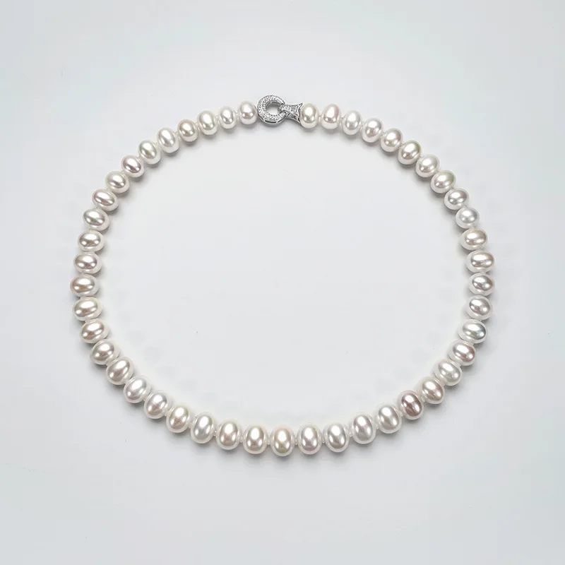 

S925 Silver Short Clavicle Chain Freshwater Nuclear-9-11Mm Oval Pearl Necklace Choker Women