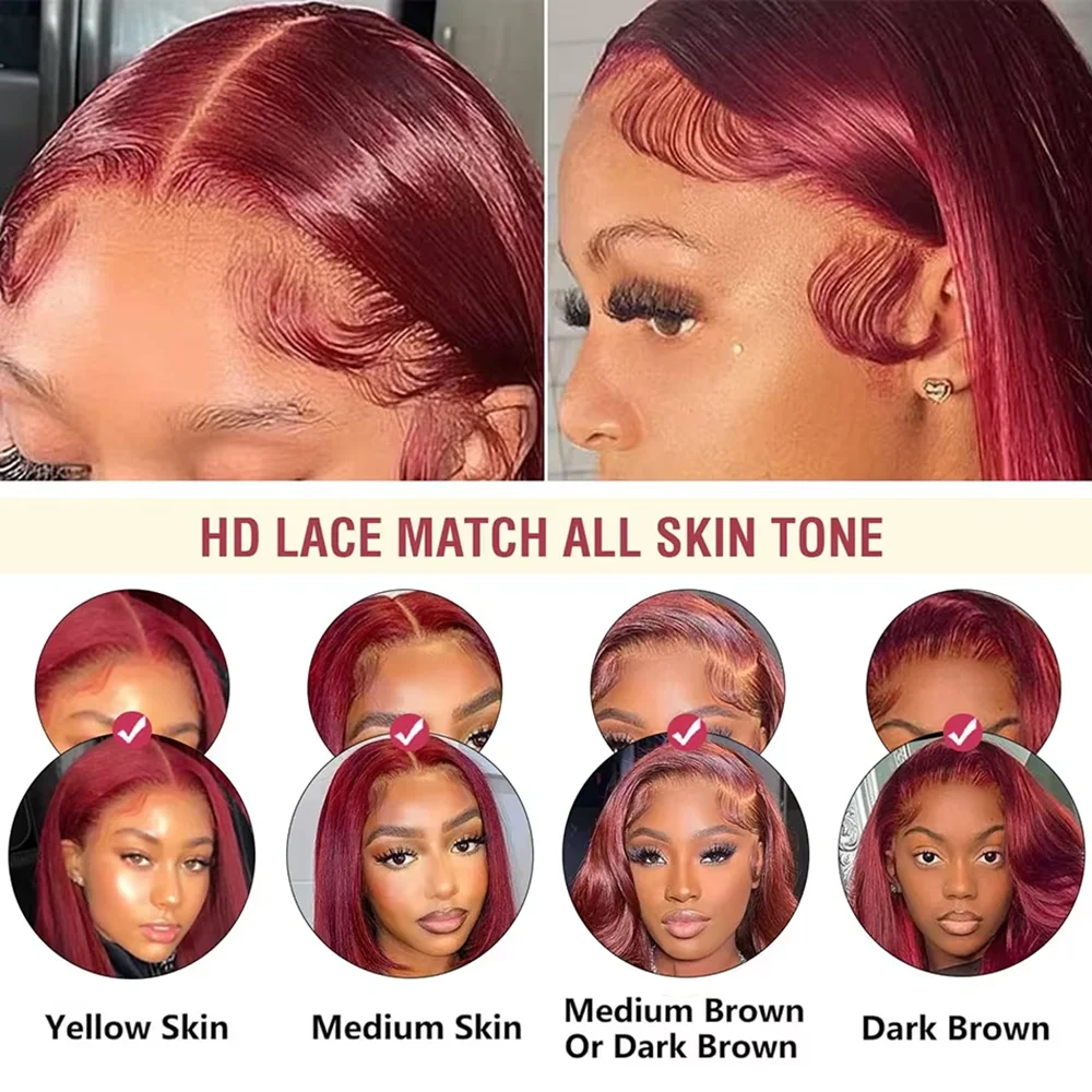 220 Density 40 46 Inches 13x4 Lace Frontal Wig 99J Burgundy Pre plucked Red Colored Bone Straight Wig 13x6 HD Transparent Lace Front Human Hair Wigs 13x4 Lace Frontal Wig 99J Burgundy Preplucked Red Colored Bone Straight Wig view 7