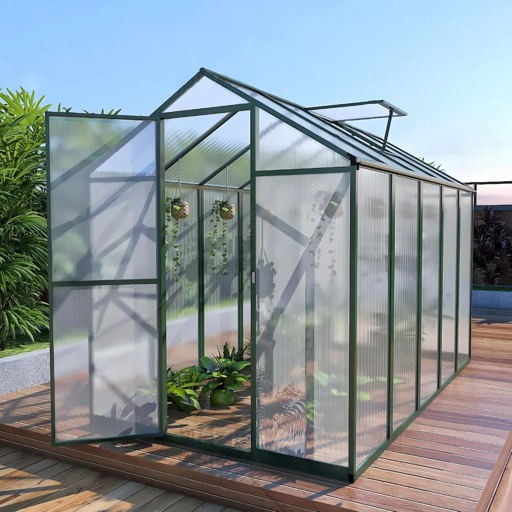 

6*10FT Greenhouse for Outdoors，Polycarbonate Greenhouse with Stronger Wind Protection and Roof Vent，Walk-in Greenhouse