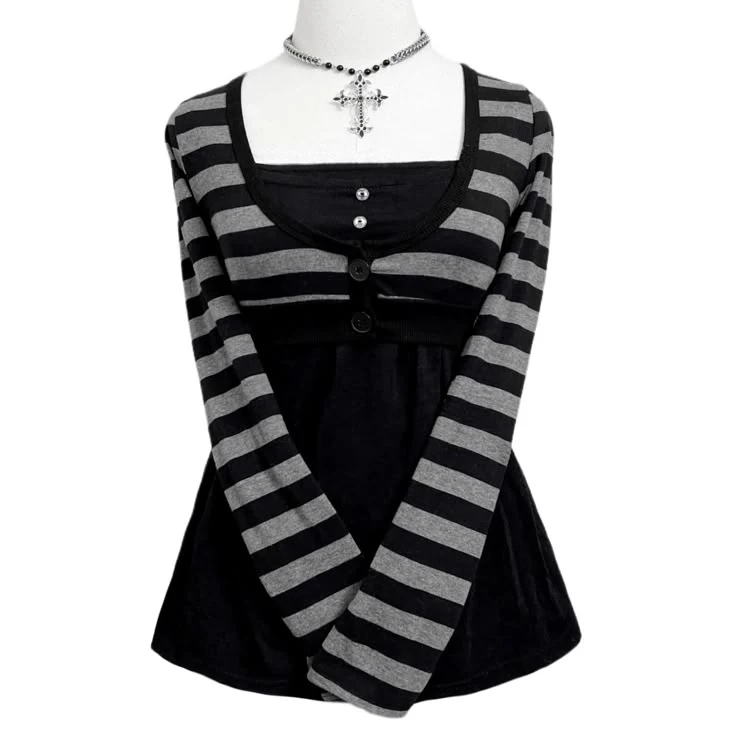 Y2k Emo Women Streetwear Acubi Fairycore Tops Stripe Long Sleeve Aesthetics Graphic Tshirt Goth Grunge T-shirt 2000s Alt Clothes