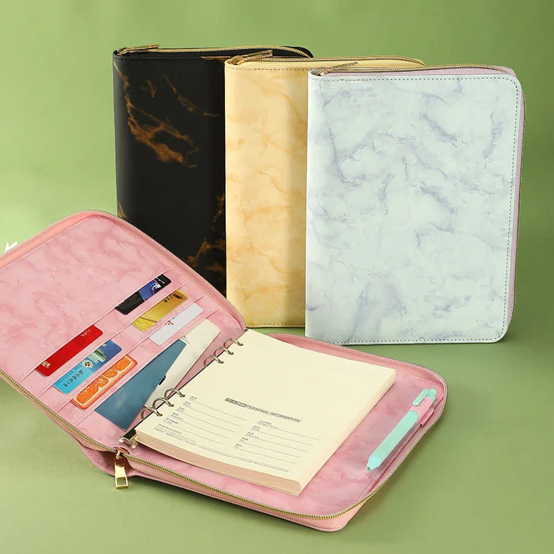 غطاء جلدي جديد عالي الجودة مقاس A5 مع سحاب، مجلد داخلي قابل للاستبدال مكون من 6 حلقات، هدية مجلد مؤتمرات مجلة الأعمال المنظم