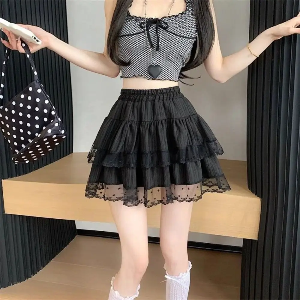 Gonna torta gonfia a pois soffici Donna Gonna corta con fiocco in pizzo strutturato dolce Gonna corta a trapezio a vita alta multistrato da donna
