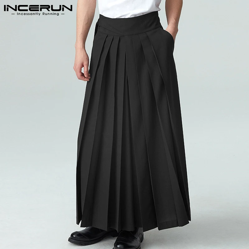 INCERUN Stylish Men Pleated Wide Leg Pantalons Male Solid All-match Trousers Party Nightclub High Waist Long Pant Culottes S-5XL