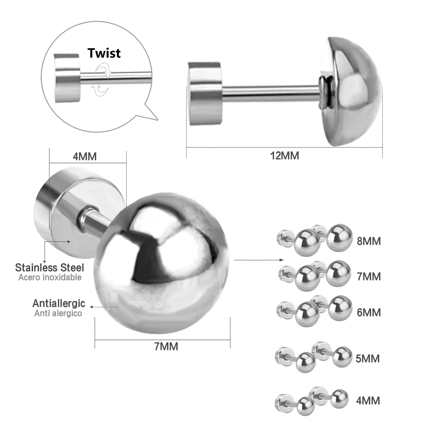 Multi Size 4-8MM Polished Ball Screw Stud Earrings, Anti-allergy Stainless Steel Ear Piercing Jewelry for Daily Wear