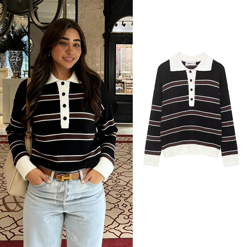 

Женские модные вязаные свитера в полоску 2026: стильные пуловеры с длинным рукавом, элегантный шикарный трикотажный топ