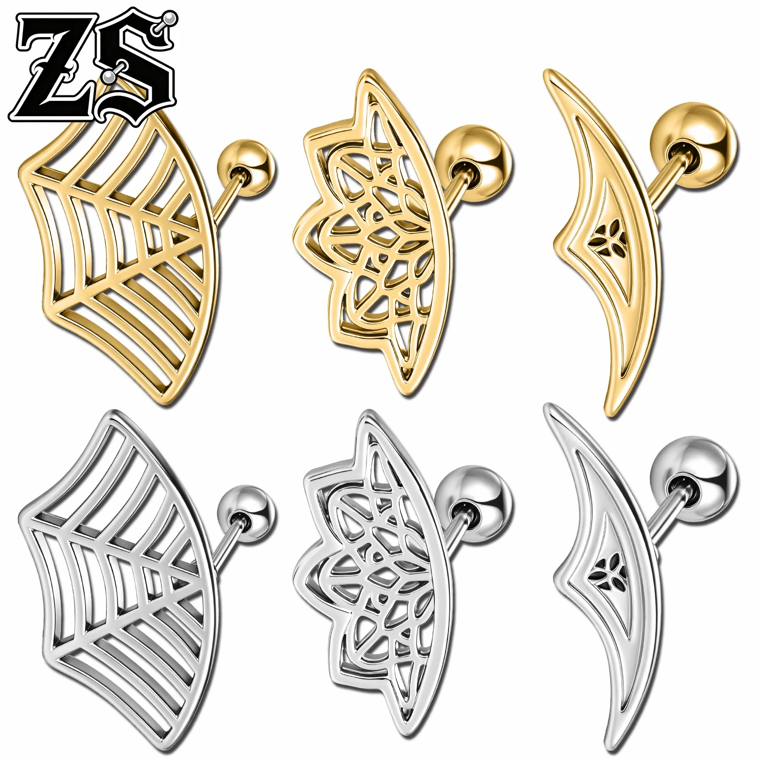 ZS 18G 1/2/10 Stück/Set Punk Halloween Ohrstecker für Frauen und Männer, Einzigartige Ohrstecker, Spinnennetz Helix Conch Knorpel-Körperschmuck 8MM