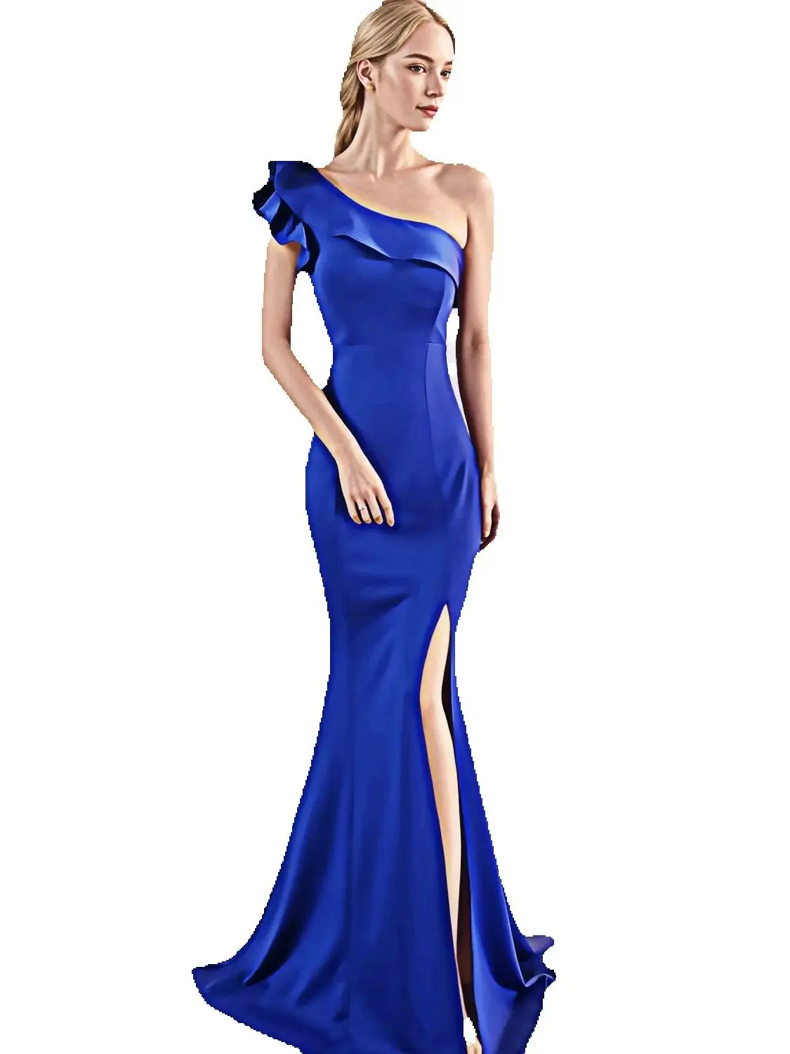 

Elegant One Shoulder Ruffles Ruched High Split Mermaid Long Formal Evening Dress