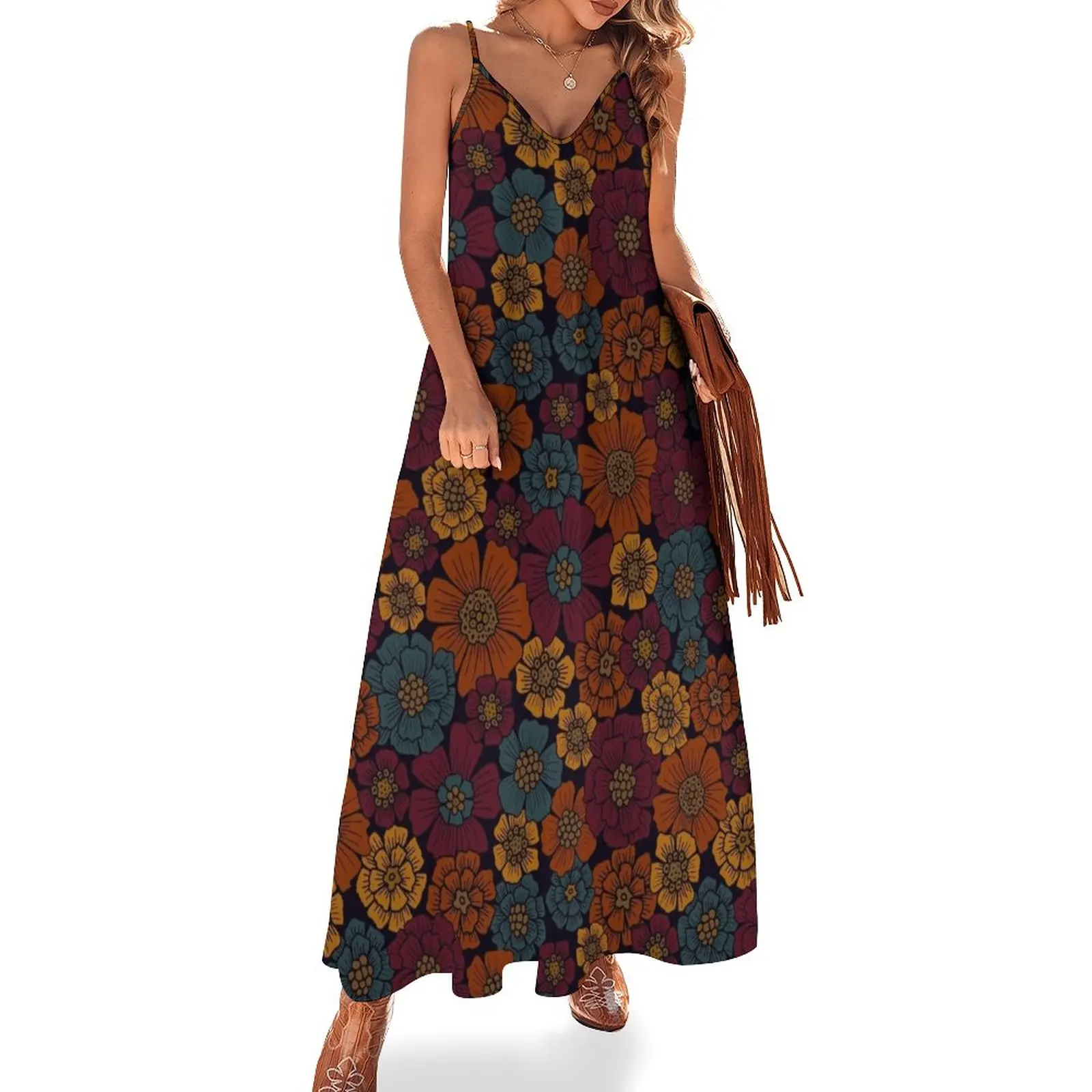 

Dark Burgundy, Teal & Mustard Floral Sleeveless Dress Female dress Womens dresses elegant dress