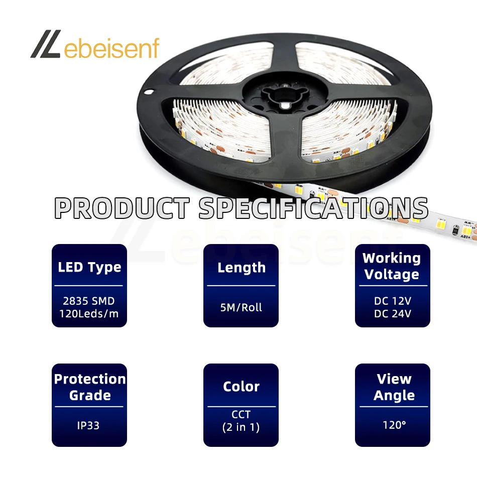 2 w 1 podwójny kolor 2835 SMD ct LED Strip 12V 24V 120LED/M niewodoodporny elastyczna lampa Bar 5m/roll 6000K 4000K 3000K ciepły biały