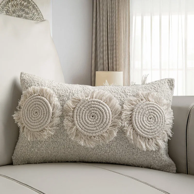 Moroccan Patchwork Geometry Tufted Lumbar Pillow Cover Natural Beige Cotton Linen Accent Cushion Case Chic Home Decor