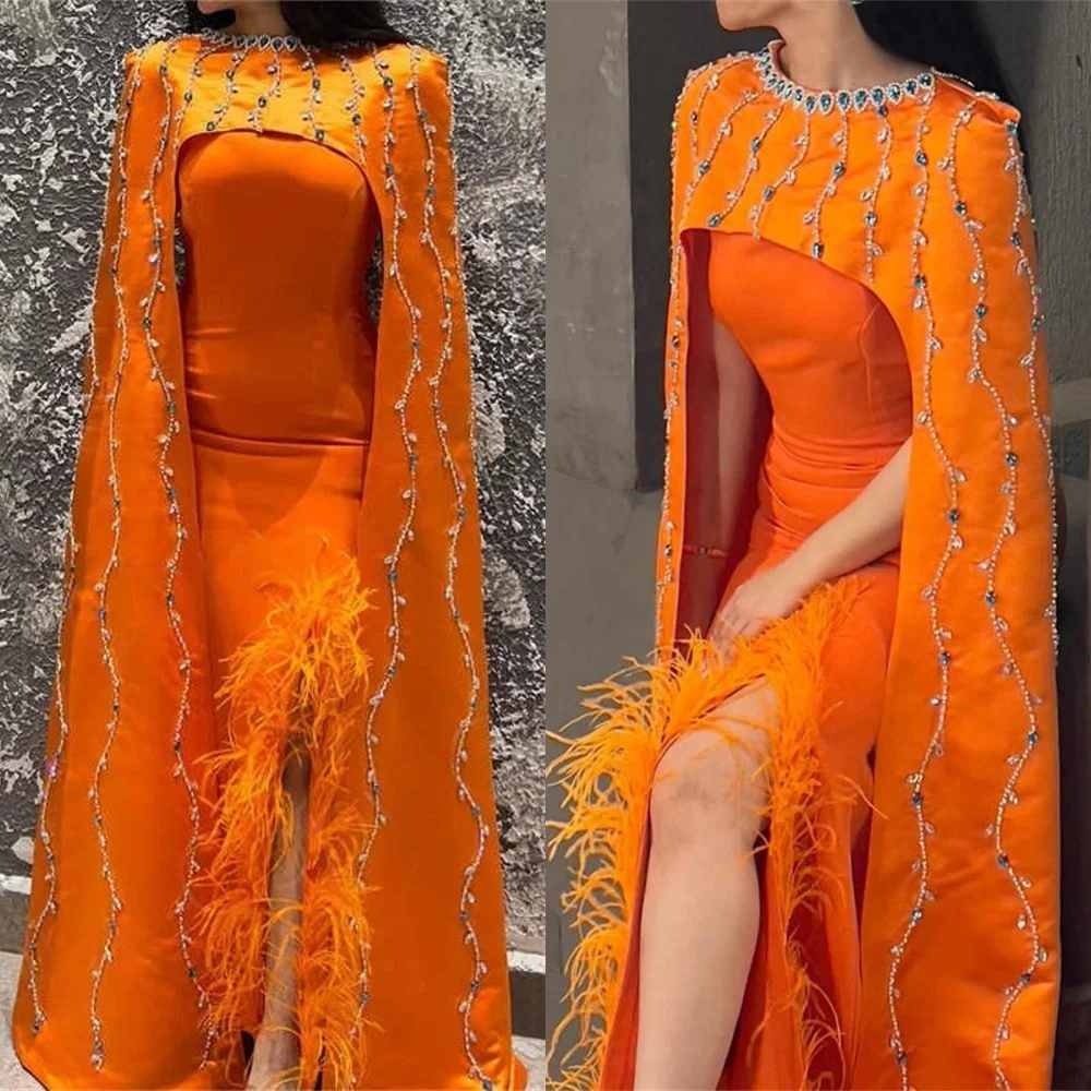 

Customized Sparkly Orange Satin Evening Dresses Fashion O-Neck Feathers Homecoming Dresses Exquisite Special Occasion Gowns