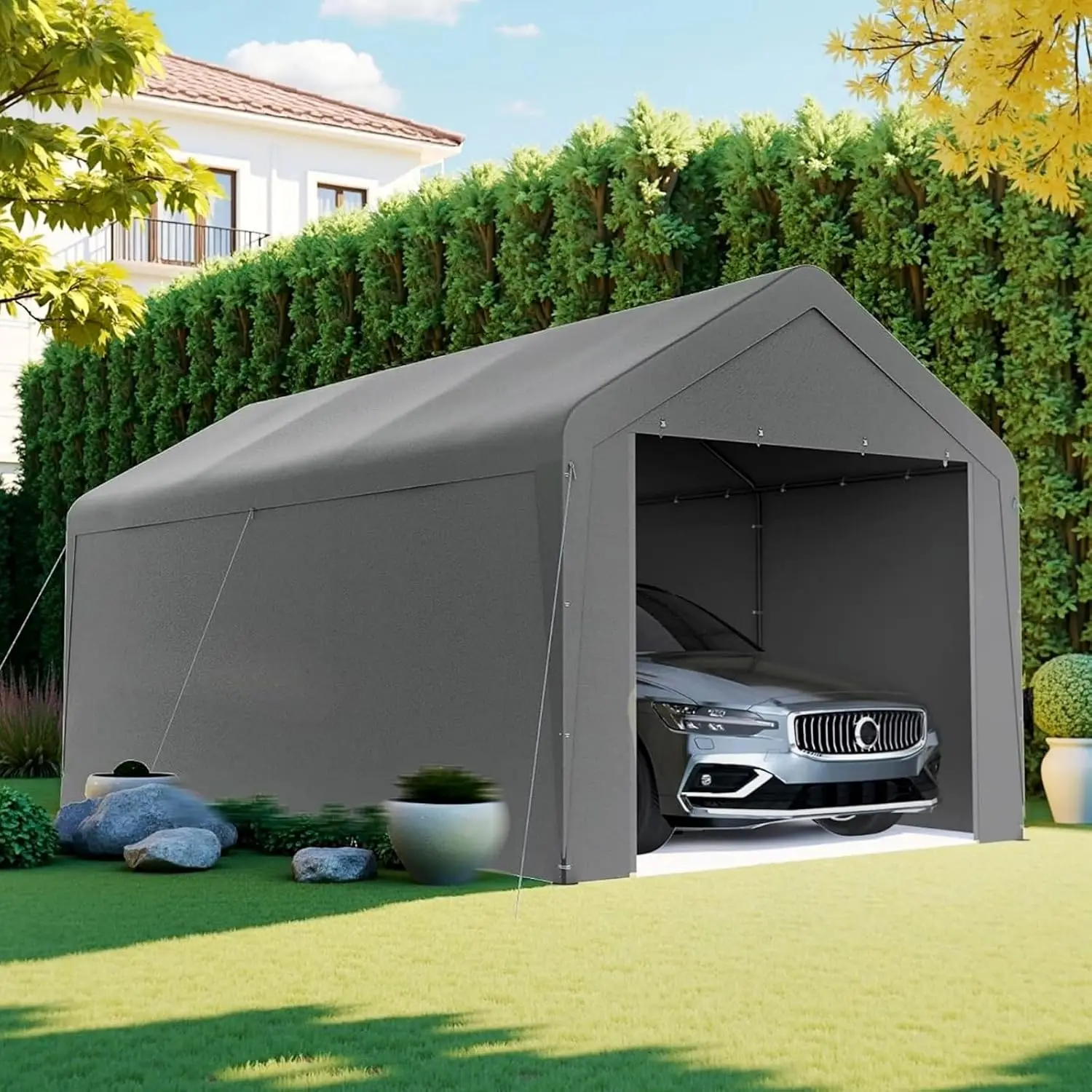 Heavy Duty Carport w/ Removable Sidewalls & Roll-Up Door, Waterproof UV Car Canopy for Trucks & Boats 10x20ft, Customized