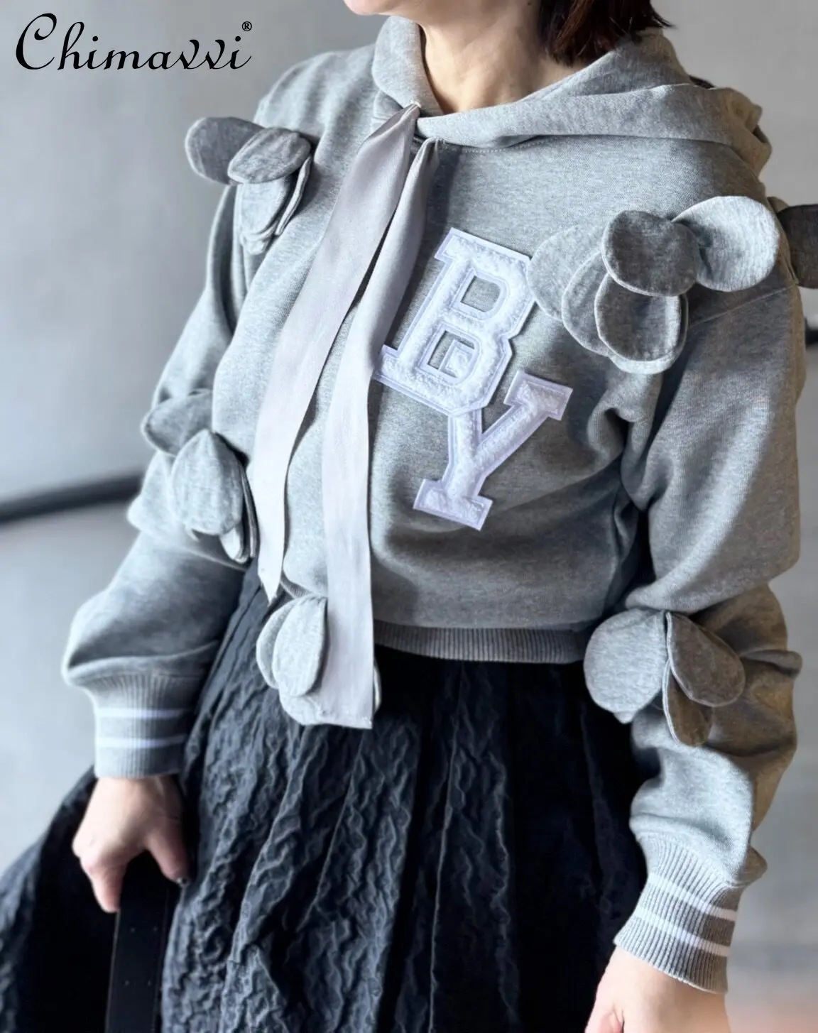 

Spring 2026 New Japanese Fashion Sweet Gray Hooded Sweatshirt Girls Women's Loose Three-dimensional Rose Hoodies Casual Tops