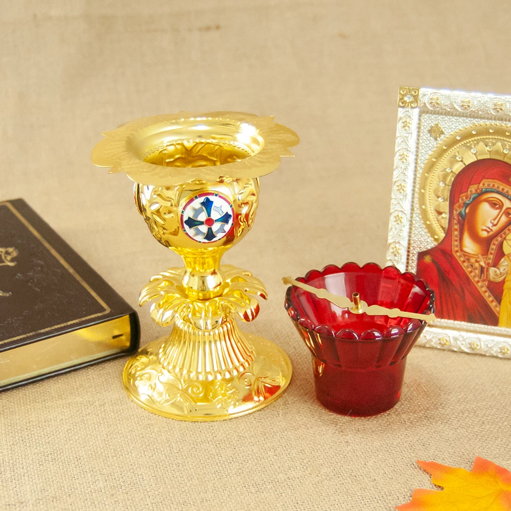 Orthodox Vigil Lamp Red Glass Gold Metal Standing Candle Holder Ornate Byzantine Lampada for Home Altar Church Religious Gift