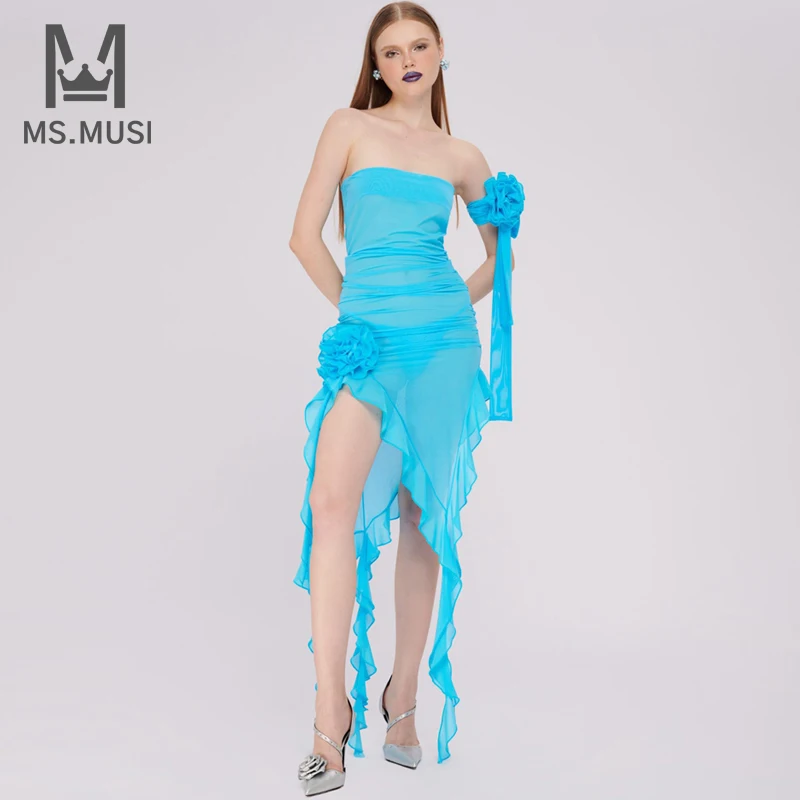 

MSMUSI 2023 New Fashion Designer Women Sexy Floral Ruffles Lace Mesh Draped Sleeveless Backless Bodycon Party Club Midi Dress