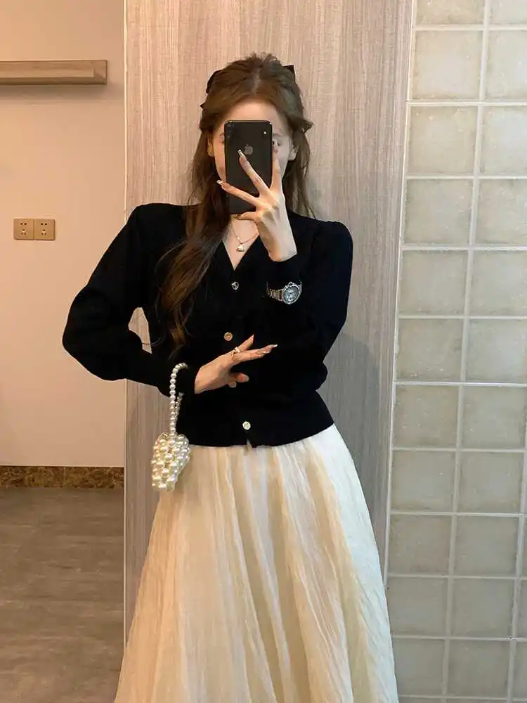 

Bla V-Ne Knitted Cardigan Women's Spring Autumn ort Slim Fit Outerwear Bubble Sve Top Commute Sle Korean Version