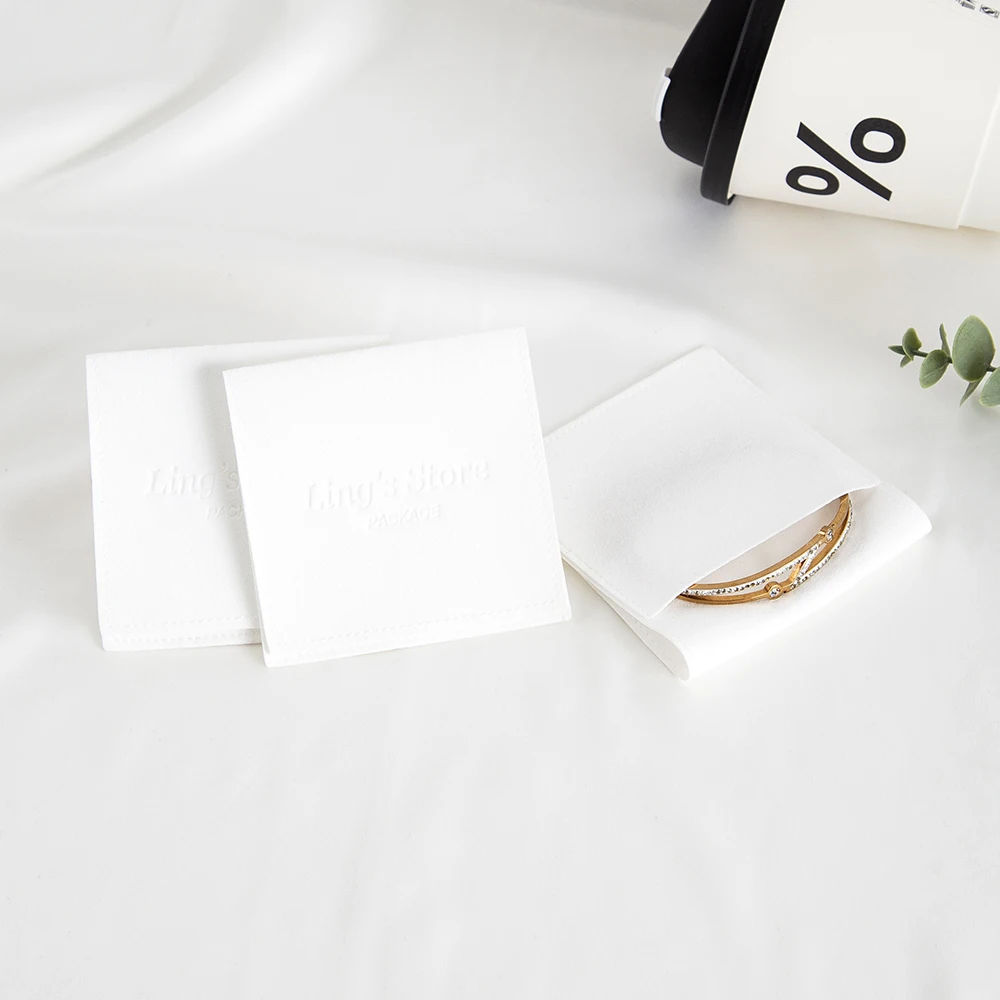 50pcs Custom Logo White Microfiber Jewelry Bag Suede Velvet Packaging Pouch Earrings Ring Cosmetic Display Pocket Gift Organizer